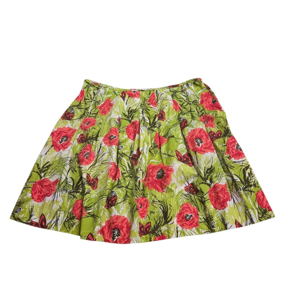 Talbots Poppy Butterfly Floral Green and Red Pleated Cotton Skirt 20 W Modest - Picture 3 of 8